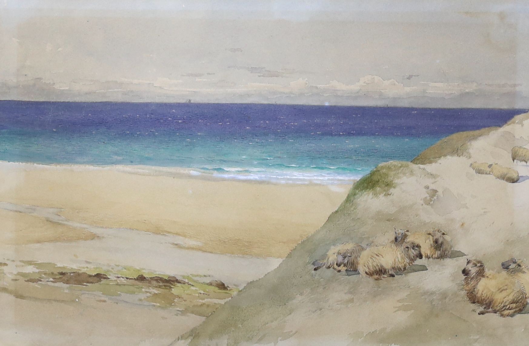 E.D. c.1900, oil on canvas, Figures in a coastal landscape, initialled, 24 x 45cm, and T.G.Wainewright, watercolour, Sheep in a coastal landscape, signed and dated 1876, 23 x 33cm (Wainewright the Poisoner)